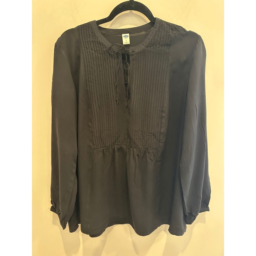 Old Navy Women Black Pintuck Pleated Tie Neck Long Sleeve Peasant Blouse Large